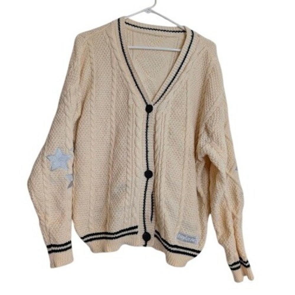 Taylor Swift Womens Folklore Cardigan Sweater Cream Cable Knit Star Patches